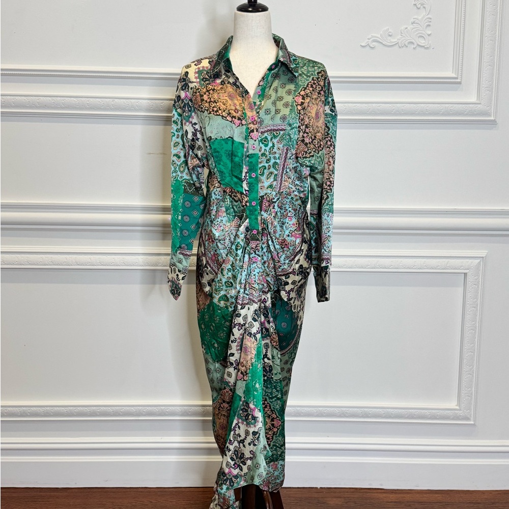SHEIN Green and Pink paisley Long Sleeve Dress